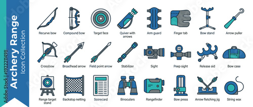 Vector Icon Set of 24 Archery Range Equipment Items in Flat Design Style with Blue and Teal Accents: Bows, Arrows, Targets, Quivers, Sights, Binoculars, and Maintenance Tools for Sport Hobby.