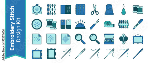 Vector Icon Set of 28 Embroidery and Cross Stitch Supplies in Flat Design. Professional Crafting Tools Including Hoop, Thread Skeins, Needles, Scissors, Thimble, Pincushion, Seam Ripper, and Frames.
