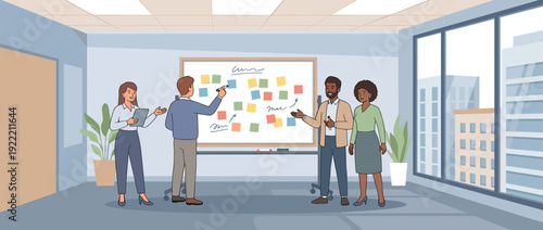 Diverse corporate team collaborating in a modern office during a brainstorming session. Colleagues are using a whiteboard with sticky notes for project planning and creative idea generation.