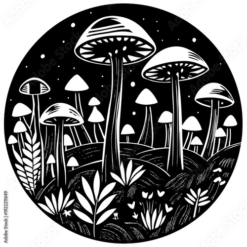 Whimsical black and white illustration of various mushrooms and plants growing on a hill at night, with stars in the sky.