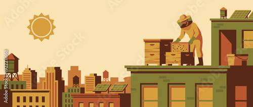 Flat Vector Illustration of an Urban Beekeeper in Protective Suit Tending to Honeybee Hives on a City Rooftop. Sustainable Urban Agriculture Scene with Skyscrapers, Solar Panels, and Water Towers.