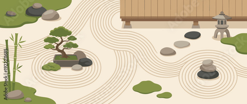 Flat Vector Illustration of a Japanese Zen Garden Featuring Raked Sand Patterns, Carefully Placed Stones, a Bonsai Tree, Bamboo Stalks, and a Stone Lantern for a Peaceful Meditative Atmosphere
