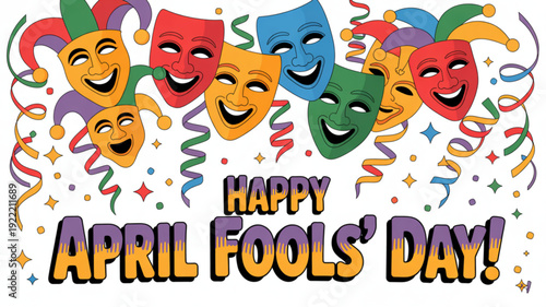 Colorful comedy masks celebrate happy april fools' day with confetti and ribbons