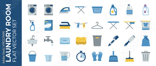 Comprehensive set of 30 flat laundry room icons featuring washing machines, irons, detergents, cleaning tools, and household appliances for home maintenance, chores, and domestic service design.