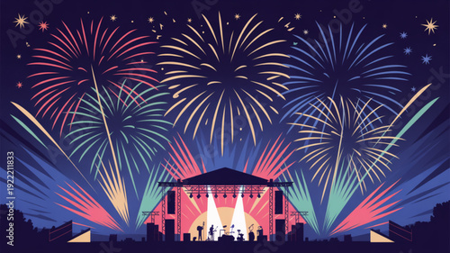 Vibrant fireworks display illuminate night sky above outdoor concert stage with live band performing