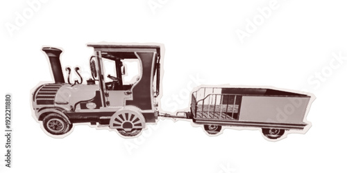 Trendy Sticker Steam train retro style on transparent background. Isolated vector element with dotted halftone texture, mimicking cutout collage from old newspaper. Nostalgic Vintage Pop Art aesthetic