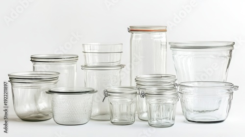 An assortment of clear glass jars and reusable containers for minimalist zero-waste kitchen storage and organization