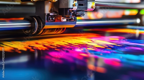 Close up of vivid inkjet printing process with colorful ink splashes and motion blur under studio lighting