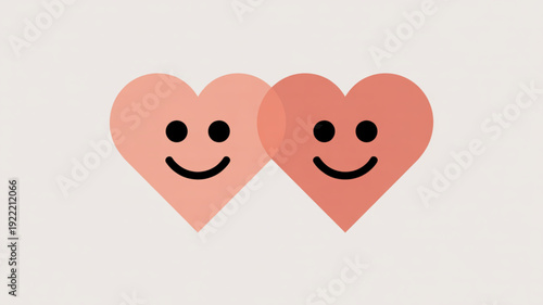 Two smiling pink hearts with black eyes and curved smiles on a light gray background symbolizing love and happiness