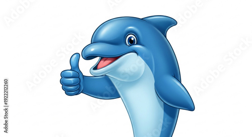 Smiling cartoon dolphin giving thumbs up on white background symbolizing approval and positivity in a fun playful manner