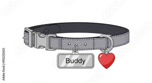 Dog collar with name tag and heart charm on white background pet accessory