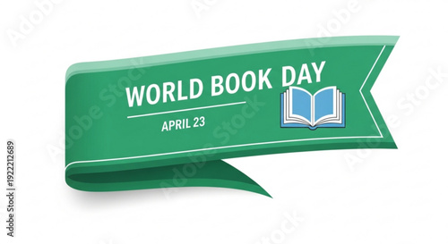 Green banner with world book day text and open book icon on white background april 23rd celebration