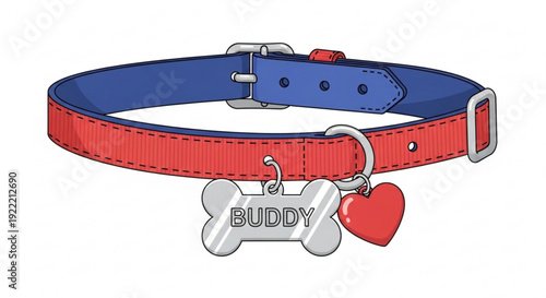 Red and blue dog collar with silver bone and heart shaped tags on white background