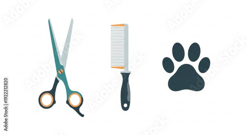 Pet grooming tools and paw print on white background pet care and hygiene concept