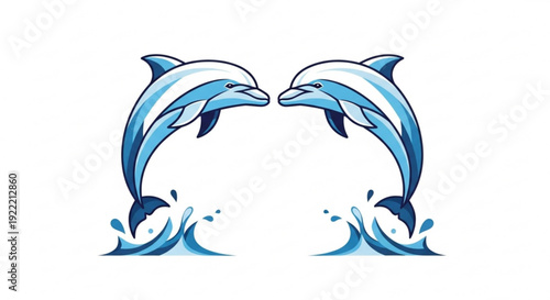 Two blue dolphins leaping out of water facing each other in ocean waves on white background
