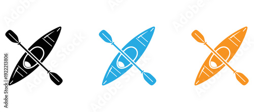 Three stylized kayak icons with different color schemes and paddles isolated on transparent background, Vector