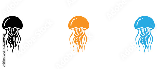 Three stylized jellyfish depicted in varying colors against a plain background isolated on transparent background, Vector