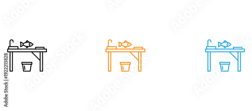 Three stylized icons depicting a kitchen sink with a pet on the countertop isolated on transparent background, Vector