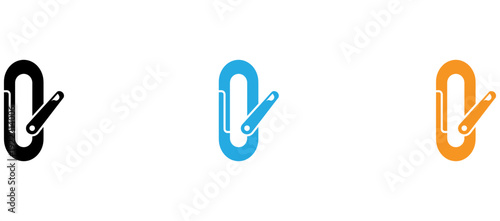 Three differently colored paperclip icons with a pencil inside isolated on transparent background, Vector