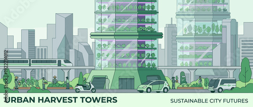 Sustainable urban harvest towers in a futuristic city skyline with vertical farming levels, electric transportation, and people gardening for a green eco-friendly environment illustration.
