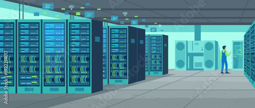 Modern Data Center Server Room Flat Vector Illustration with Glowing Racks, Cable Management, and Technician Monitoring Digital Infrastructure, Cloud Computing, and Network Storage Systems.