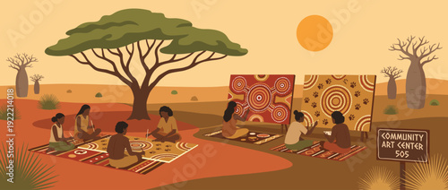 Flat vector illustration of indigenous Australian artists at a traditional dot painting workshop in the outback desert, creating cultural folk art under a large tree at a community art center.