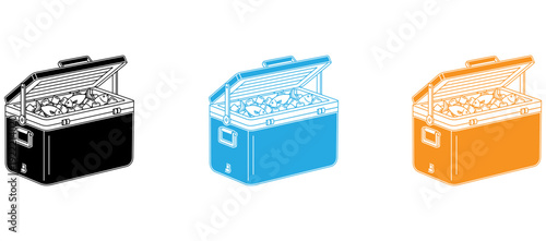 Three differently designed metal lunchboxes showcasing their contents. isolated on transparent background, Vector