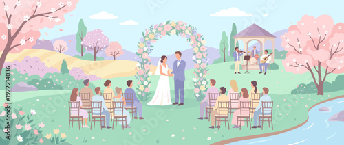 Romantic outdoor spring wedding ceremony flat vector illustration featuring a bride and groom under a floral arch, seated guests, live band in a gazebo, cherry blossom trees, and scenic hills.