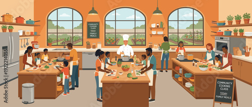 Flat Vector Illustration of a Modern Community Kitchen Hosting Cooking Classes for Diverse Families and Children Learning to Prepare Healthy Meals with a Chef in a Warm Bright Interior Space