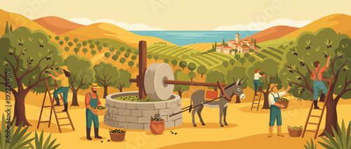 Traditional Mediterranean Olive Harvest and Oil Pressing Scene with People Picking Olives, a Donkey-Driven Stone Mill, Rolling Hills, and a Coastal Village in a Flat Vector Illustration Style