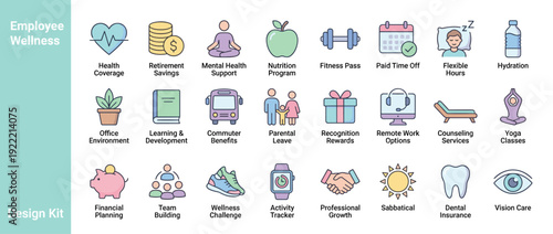 Vector Icon Set of 24 Employee Wellness and Benefits Items in Flat Design Style with Pastel Colors. Includes Health Coverage, Mental Health Support, Retirement Savings, and Remote Work Options.