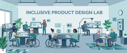 Inclusive product design lab illustration showing diverse people with disabilities using assistive technology, braille, and eye tracking to test digital accessibility in a modern office space.
