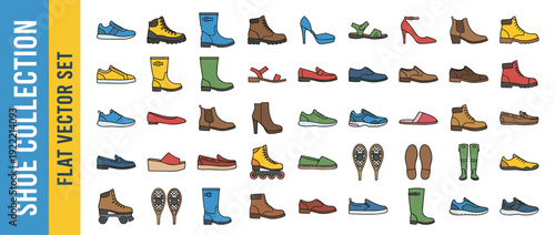 Comprehensive flat vector icon set featuring 30 diverse shoe types and footwear styles like sneakers, boots, high heels, sandals, loafers, slippers, roller skates, and snowshoes for design.