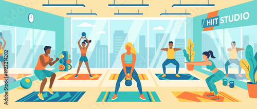 Modern HIIT Studio Fitness Class Illustration with Diverse People Exercising, Doing Squats, Kettlebell Swings, and Cardio Workouts in a Bright Gym with City View and Professional Equipment.