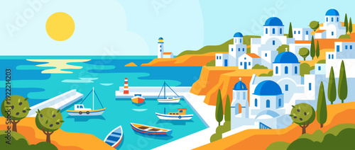 Flat Vector Illustration of a Mediterranean Seaside Village with White Houses, Blue Domed Roofs, Harbor with Boats, Lighthouse, Olive Trees, and Cliffs under a Bright Sun in Santorini, Greece.