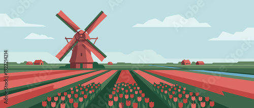 Flat Vector Illustration of a Traditional Dutch Windmill in a Vibrant Red Tulip Field Landscape with Classic Architecture, Scenic Countryside View, and Blue Sky with Clouds in the Netherlands.
