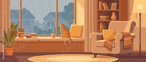 Cozy Living Room Interior on a Rainy Afternoon with a Ginger Cat Sitting on the Windowsill, Armchair with a Warm Blanket, Bookshelf, Potted Plants, and a Steaming Mug in Flat Vector Style.