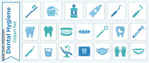 Comprehensive set of 20 dental hygiene and oral care icons featuring flat design and duotone colors. Includes toothbrush, floss, mouthwash, braces, dentures, dentist chair, and medical tools.