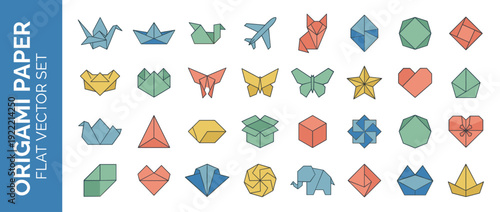 Vector Icon Set of 30 Origami and Paper Folding Shapes in Flat Design Style; Includes Crane, Boat, Swan, Airplane, Fox, Butterfly, Star, Heart, Box, Cube, Elephant, and Modern Geometric Patterns.