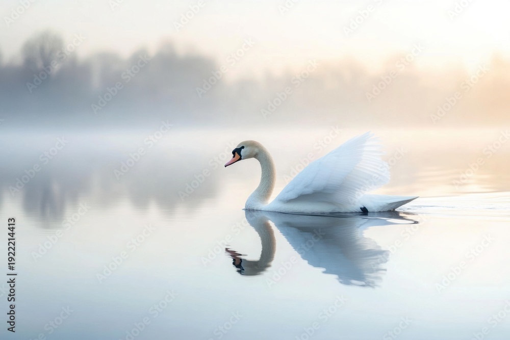 Fototapeta premium Elegant Swan Gliding on Misty Lake Water at Dawn