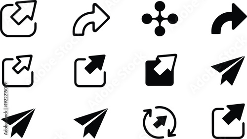  Share Icon Set Vector Illustration – Social Media Share Button, Link Arrow and Web Distribution Symbol Collection