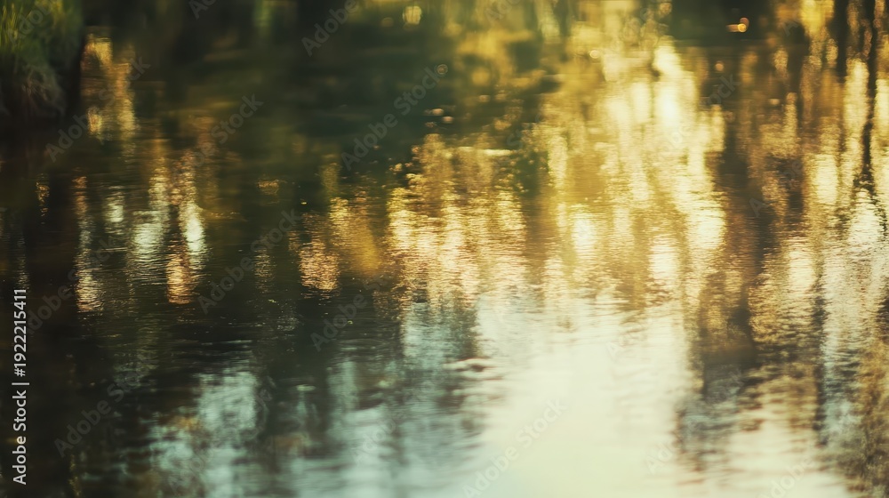 Obraz premium Tranquil sunset reflections on calm river waters with soft golden light creating a serene natural landscape