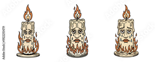 Burnout Concept Sad Crying Candle Burning At Both Ends Vector Illustration Set