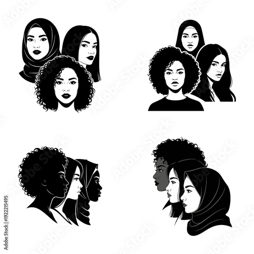 Diverse Multicultural Women Portrait Silhouette Vector Illustration Set