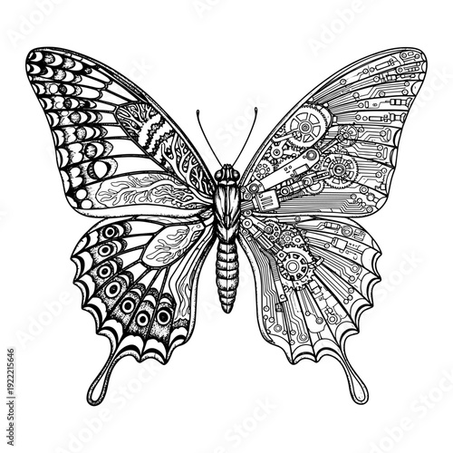 Steampunk Cybernetic Butterfly Half Mechanical And Half Organic Line Art Vector