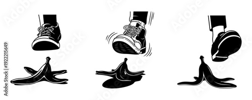 Foot Stepping On Banana Peel Accident Concept Vector Illustration Set