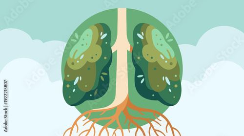 Stylized vector illustration of green lungs with tree-like branches and roots, symbolizing healthy breathing, environmental awareness, and clean air wellness
