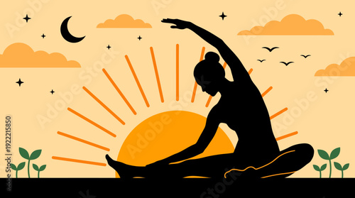Silhouette of a person practicing yoga at sunset with sunburst rays in a peaceful outdoor nature scene, ideal for mindfulness and wellness stock content