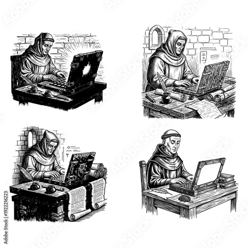 Medieval Monk Using Laptop Computer Vintage Engraving Vector Illustration Set