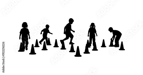 Set of 5 black silhouette people running through cones vector